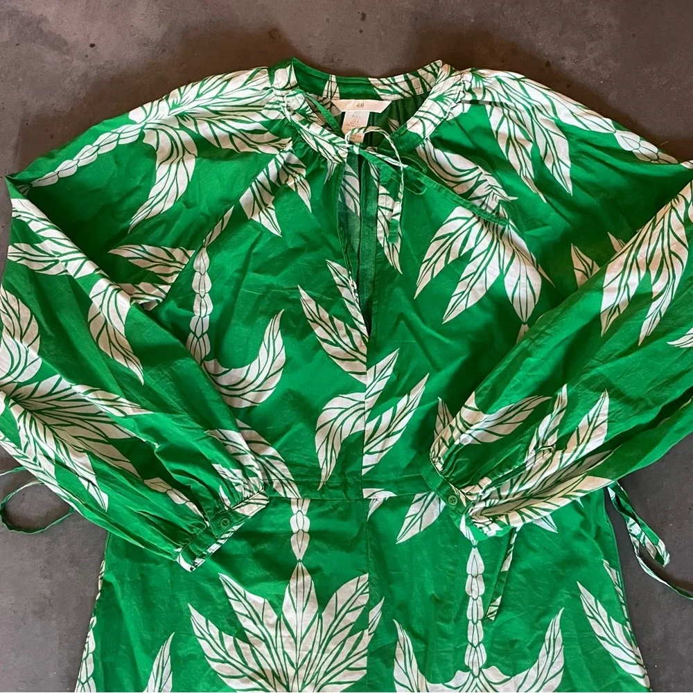 H&M Tie-detail Knee-length Tropical Print Dress Sz Small 100% Cotton - Picture 5 of 7